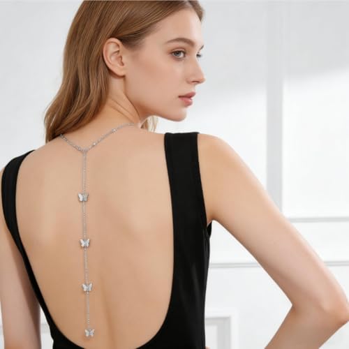 Rhinestone Back Chain Necklace for Women Bridal Wedding Sexy Rhinestone Backdrop Chain Waist Belly Chains Trendy Body Chains Jewelry - style: D-SilverC