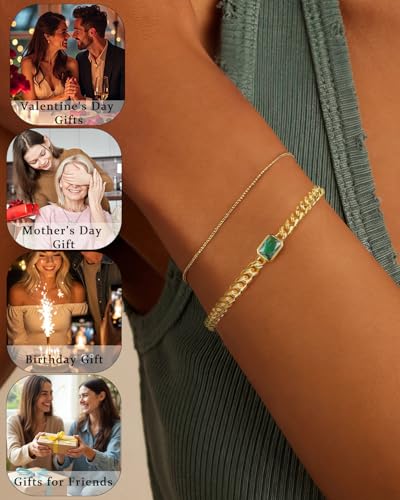 Birthstone Gold Bracelets for Women Non Tarnish Trendy 14k Gold Plated Bracelet Dainty Charm Emerald Bracelets Stack Cuban Link Friendship Bracelets Jewelry Gifts for Birthday/Valentine's Day - color: 12.December(Artificial Tanzanite)