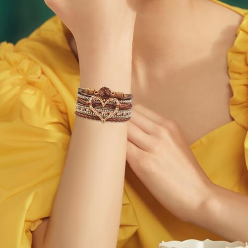 Leather Wrap Bracelet for Women, Boho Cuff Bracelet with Strong Clasp, Multi-Layer Crystal Leather Bracelet for Valentine Mother's Day - color: 01-Heart-Brown