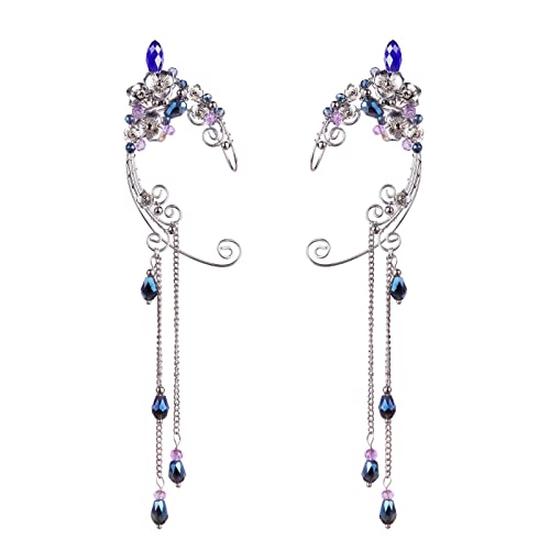Elf Ear Cuffs, OwMell Handcraft Silver Pointed Fairy Elven Cosplay Fantasy Costume Bridal Wedding Earrings for Non Pierced Ears - style: Bule Tassel