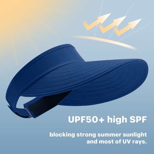 WANDER Sun Visor Hats for Women Wide Brim UV Protection Adjustable Large Golf Beach Cap Packable Travel Sport Visor - color: Royal Blue