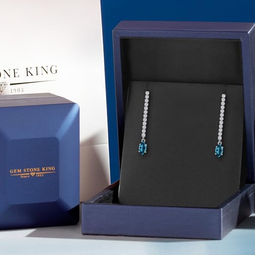 Gem Stone King 14K White Gold Gemstone Birthstone and White Lab Grown Diamond Long Liner Dangle Earrings for Women | Marquise 6X3MM | White Gold Chain Drop Earrings - style: London Blue Topaz, November