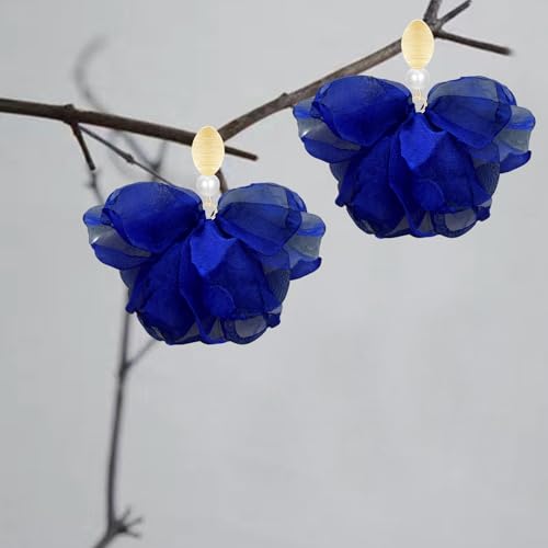 Handmade Fabric Flower Petal Fringe Dangle Drop Earrings Bohemian Floral Tassel Stud Earrings For Women - color: Royal Blue