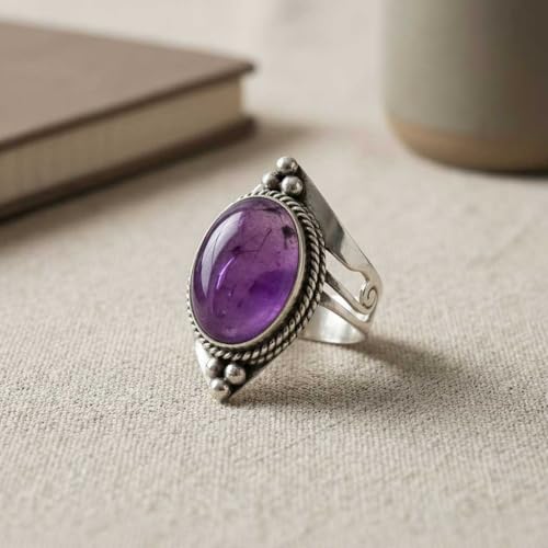 Handmade 925 Sterling Silver Plated Ring Natural Gemstone Carnelian, Rose Quartz, Tiger Eye, Crystal Oval Boho Jewelry For Women - color: Amethyst