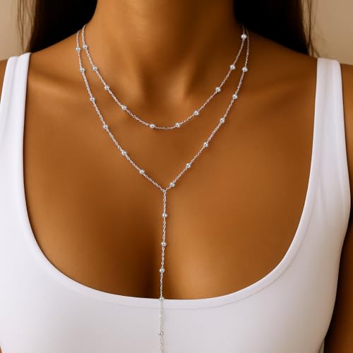 HAXIYA Lariat Gold Necklace for Women Dainty Long Necklace 14K Gold Plated/Silver Y-Shaped Pendant Drop Chain Layered Pearl/Beaded/CZ Necklaces Gold Jewelry Gift for Prom/Wedding - style: Beaded - Silver