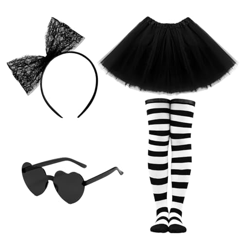 Women Tutu Costume Accessories Set, Striped Knee Socks Tutu Skirt Sunglasses and Bow Headband Colorful Party Favors - color: Black