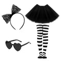 Women Tutu Costume Accessories Set, Striped Knee Socks Tutu Skirt Sunglasses and Bow Headband Colorful Party Favors - color: Black