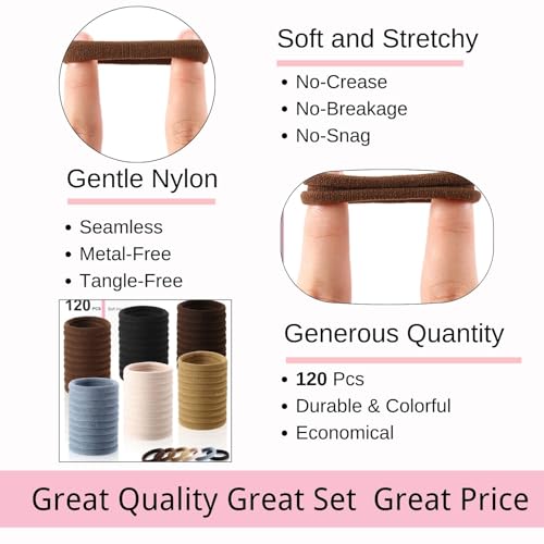 LuSeren 120 Pcs No Damage Hair Ties for Thick Hair, Large Soft Seamless Nylon Hair Elastics for Women, Ponytail Holders, Hair Accessories – Neutral Colors - color: Neutrals1
