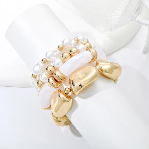 GOOJIDS Simple Beaded Gold Plated Bangles Bracelet Chunky Bamboo Tube Curved Stacking Clear Acrylic Colorful Beads Stretchable Gold Plated Bracelets Set For Women - color: T Chunky Gold Beads Set