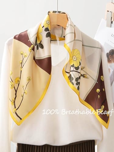 100% Mulberry Silk Scarf for Women Hair Lightweight Square Neckerchief Wrap For Head Scarves 21" - color: 1-yellow Plum Blossom /21"*21"