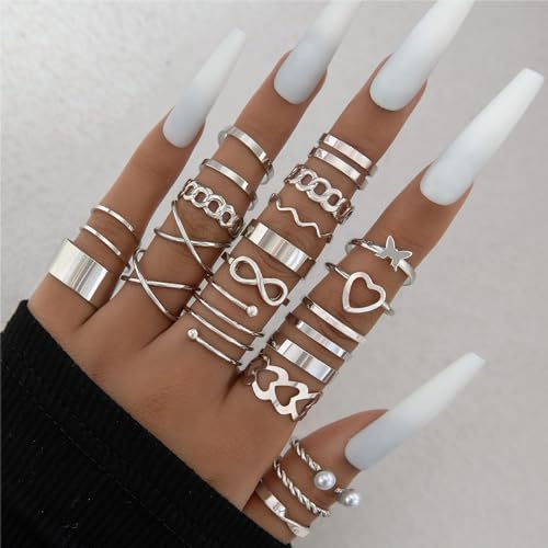 22 Pcs Gold Knuckle Rings Set for Women,Boho Fashion Thick Finger Stacking Rings,Vintage Midi Hollow Statement Rings Pack Jewelry Gift - color: Silver