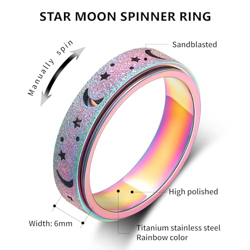Anxiety Ring for Women Spinner Rings:Rotating Rings Stainless Steel 6mm Moon Star Anxiety for Men Band Jewelry Gift for Women Size 6 7 8 9 10 - color: B-Rainbow