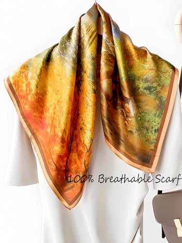 100% Mulberry Silk Scarf for Women Hair Lightweight Square Neckerchief Wrap For Head Scarves 21" - color: 24-golden Jungle /21"*21"