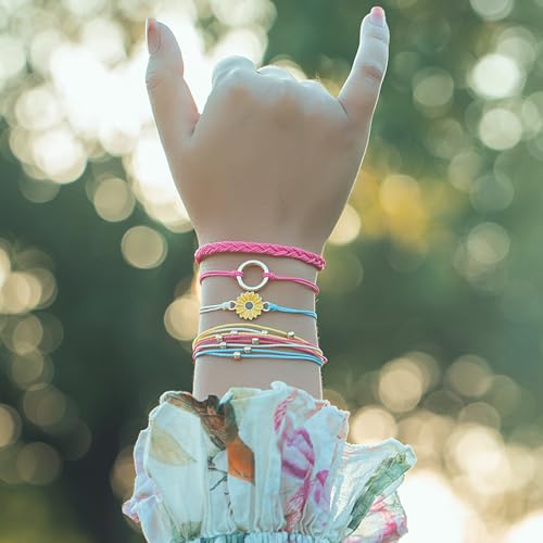 FANCY SHINY Easter Gifts Basket Stuffers Sunflower String Bracelet Boho Braided Rope Wrap Bracelets Cute Summer Beach Surfer Jewelry for Women - color: Hot Pink
