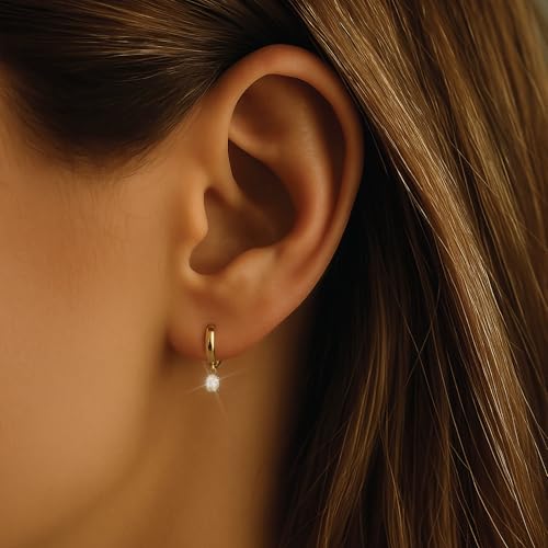 SWEET PEEPS 18K Gold Plated Huggie Hoop Earrings for Women, Dangling CZ Charm, 9mm Huggie Hoops for Everyday Wear (Gold, 9mm)