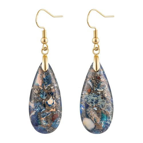 Stone Drop Earrings for Women Earrings Teardrop Jasper Stone Dangle Earrings - color: Brown&Blue-Golden Hook