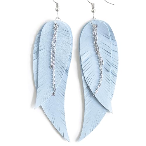 Black shiny Leather Feather Earrings for Women, Lightweight Minimal Boho Dangle Earrings, Small Simple Everyday Jewelry - color: baby blue