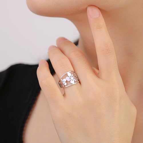 TEAMER Bohemian Hollow Flower Ring Stainless Steel Rhinestone Flower Ring Wedding Band Ring Exquisite Jewelry for Women - color: Silver