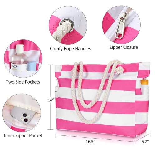 Clothirily Beach Bag for Women - Large Beach Tote Bag, Waterproof Sandproof Beach Bag with Zipper, Large Swim Pool Beach Tote - color: Hot Pink
