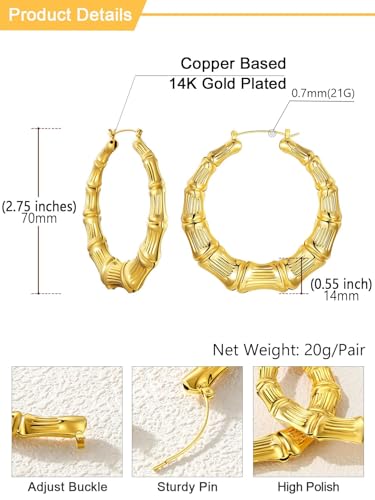 U7 Bamboo Earrings for Women 18K Gold Plated/Stainless Steel/Personalized Black Statement Extra Large Hoop Earrings 80s 90s Custom Name Huggie Earrings for Party Fashion Jewlery - color: 01.Gold, size: 70 MM