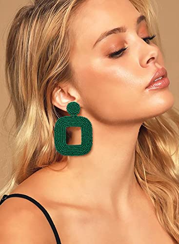 Beaded Drop Earrings Multicolored Seed Bead Earrings for Women Bohemia Statement Square Bead Hoop Dangle Earrings for Wedding Party Vacation - color: G Green