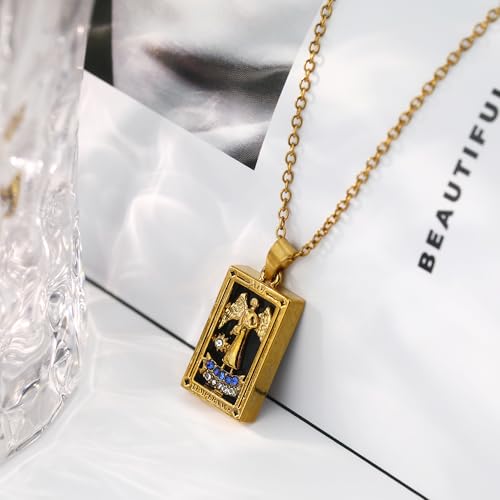 Gold Tarot Card Necklace for Women Men, Non Tarnish 18K Gold Plated Vintage Lucky Charm Square Pendant Talisman Amulet Necklaces Unisex Jewelry - style: Temperence
