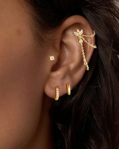 7Pcs Earring Stacks Cartilage Helix Flat Back Hoop Set For Women Stud Small Huggie Chain Multiple Piercing 14K Gold Plated Jewelry Triple Cubic Zirconia - color: 14K Gold Plated, size: Butterfly