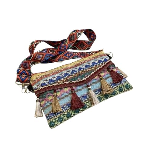 Boho Crossbody Bags For Women Travel With Tassel Trim, Sling bag Fanny Packs For Women, Tribal Pattern, Multi-Color Geometric Design, Decorative Fringe (Green) - color: Green
