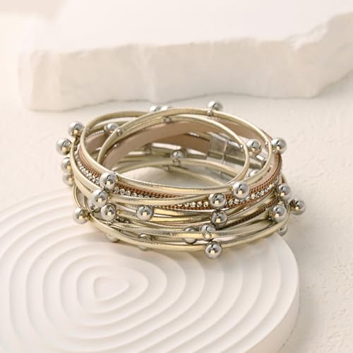 VIBILIA Boho Leather Wrap Bracelets for Women Multi-Layer Bracelets with Strong Clasp Jewelry for Women - color: 07-Beads-Khaki