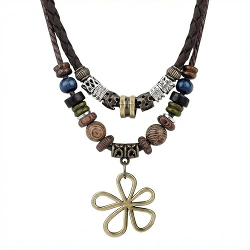 Boho Necklace for Women,Vintage Butterfly Pendant Necklaces,Adjustable Wooden Beads Layered Braided Choker,Fashion Tribal Style Leather Rope Necklace Jewelry,Chunky Statement Gift for Women - color: Brown3