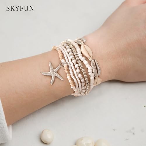 Beach Bracelets for Women Bohemian Stackable Heishi Surfer Bracelet Set Elastic Seashell Starfish Boho Friendship Bracelets for Summer Beach Party Holiday Vacation Jewelry - color: 7PCS-Silver