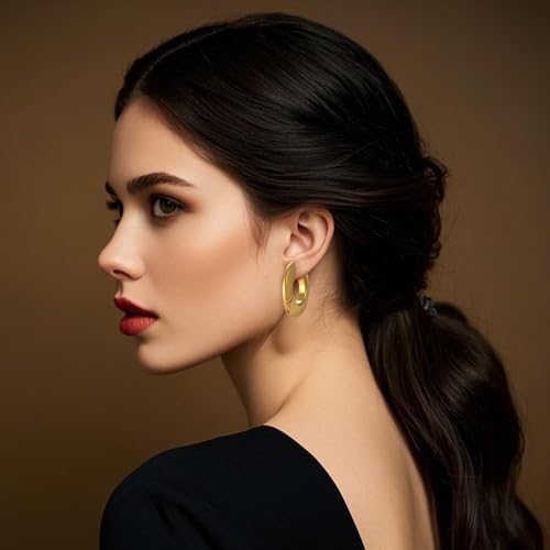 Stainless Steel Hoop Earrings for Women Gold Tone Geometric, Huggie Heart Twisted Minimalist Engraved Designs for Daily Wear - color: Gold-Round01_23mm