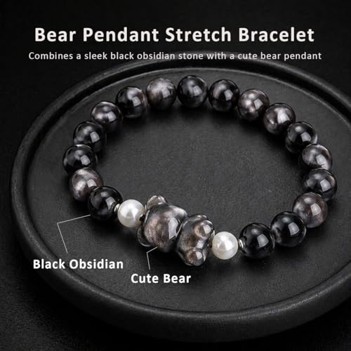 Beaded Bracelets for Women, Black Obsidian Money Attraction Bracelet, 8mm Healing Relax Anxiety Luck Crystal Bead Bracelets, Adjustable Jewelry Feng Shui Stretch Bracelet Cat Lover Gifts for Women Men - color: Black Bear