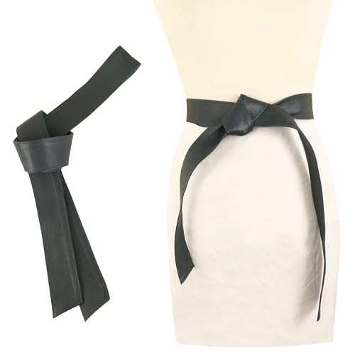 Woman's Obi Sash Tie Plus Size Waist Band Wide Solid Color Genuine Leather Belt - color: Green