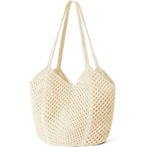 Tavaleu Crochet Tote Beach Bags for Women, Mesh Beach Tote Knit Bag, Summer Vacation Aesthetic Boho Hobo Shoulder Bag - color: Beige - Mesh Crochet