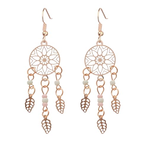 Boho Turquoise Drop Earrings Retro Long Copper Feather Tasse Metal Leaf Dangle Earrings Vintage Country Western Jewelry Cowgirl Ethnic Style Geometric Concert Festival Accessories for Women - color: Gold Tassel