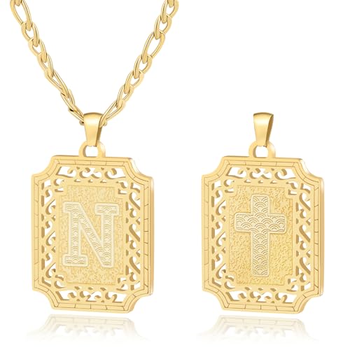 LETFLY Initial Necklaces for Women Men, 18K Gold Plated Letter Cross Pendant Necklace Alphabets A-Z Figaro Chain Jewelry Gifts - color: Square, style: Letter N