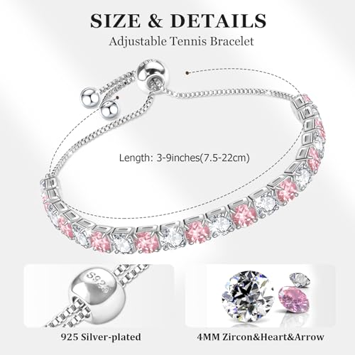 J.Fée Silver Bracelet, S925 Tennis Bracelet with Sparkling 5A Cubic Zirconia Silver Bracelets for Women Adjustable Bracelet for Women Bracelets Womens Bracelet Women Gifts for Women Mom - color: Zirconia Pink CZ