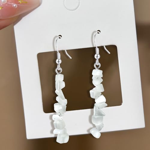 Handmade Bohemian Vintage Silver Nature Stone Beads Long Dangle Drop Earrings for Women - color: Cat Eye White