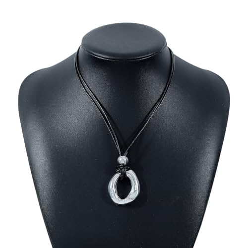 GIGB PBDK Chunky Gold Choker Necklace for Women,Dainty 14K Gold Geometric Hollow Circle Round Pendant Necklace Black Leather Rope Collar Necklace Gifts - color: Silver