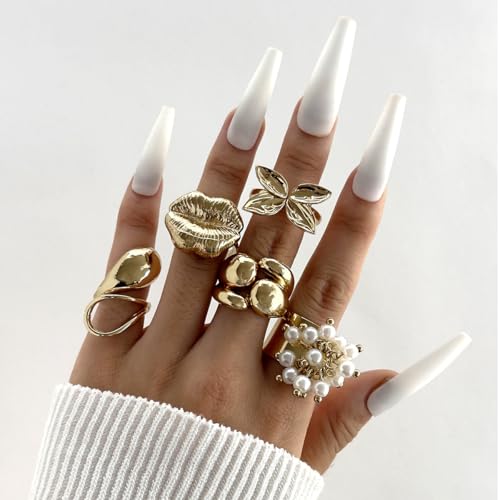 5Pcs Chunky Gold Ring Sets Vintage Lip Pearl Flower Knuckle Statement Ring Set Irregular Stacking Open Ring Set Punk Fashion Jewelry Accessories for Women - color: Gold