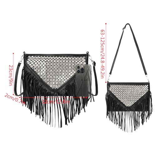 Hoce Women’s Leather Fringe Messenger Bag Large Hobo Crossbody Tassel Shoulder Bags, Gift for Mom Wife Girlfriend - color: Cc-black