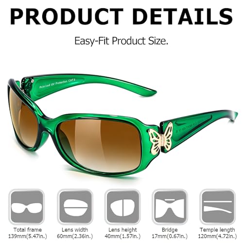 TJUTR Polarized Sunglasses for Women with Wrap Around Butterfly Design, Trendy Jackie-O Style for UV400 Protection - color: A73 Emerald Frame Gradient Brown Lenses