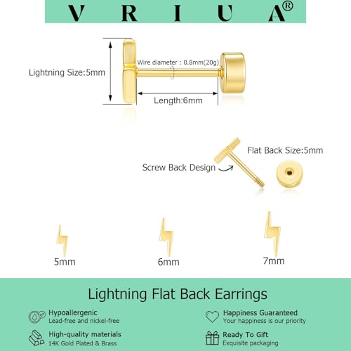 VRIUA 20G Tiny Flat Back Earrings for Women - 14K Gold/Silver Plated Small Flat Back Stud Earrings Hypoallergenic Cartilage Helix Piercing Jewelry - color: 4/5/6mm-Lightning Flat Gold