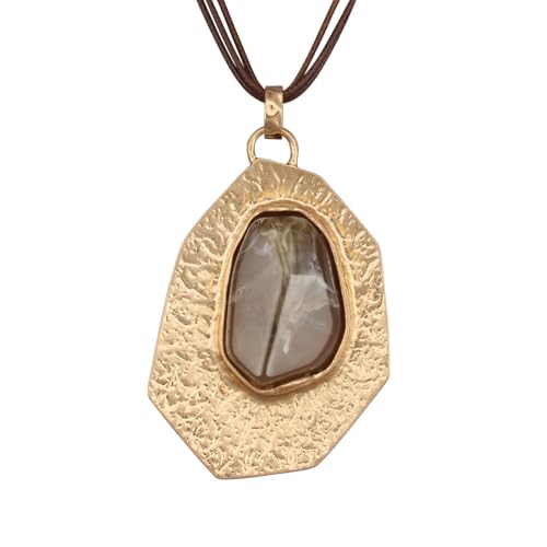 GelConnie Long Necklaces for Women Boho Large Pendant Necklace Casual Bohemian Brown Leather Choker Sweater Circle Statement Stone Necklace - style: Leather Stone Necklace