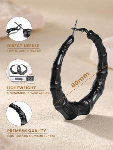 KeyStyle Bamboo Hoop Earrings for Women, Stainless Steel 90s Hoops Earring Lightweight Loops for Party, 2 mm Thick Hypoallergenic Vintage Circle Endless Thin Hoop (40mm, 60mm, 80mm,) - color: Black Plated-60mm