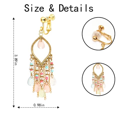 Clip on Tassel Dangle Earrings for Boho Women, Non Pierced, Colorful Feather Handmade Beads Fashion Vintage Fringe Jewelry for Parties Weddings Festivals Trendy Statement Earrings for Bohemian - color: Color C