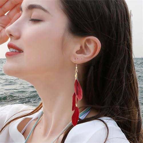 coadipress Boho Piercing Tassel Feather Long Chain Earrings Retro Lightweight Native Feather Dangle Drop Earrings for Women Bohemian Handmade Natural Feathers Earring Jewelry - color: Wine Red