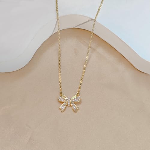 OGD Gold Necklace for Women, Bow Necklace 14K Layered Gold Necklace Dainty Bow Pendant Choker Necklace Trendy Bow Necklace Gold Chain Necklaces for Women Jewelry Gift - color: Pearl CZ Bow-Gold