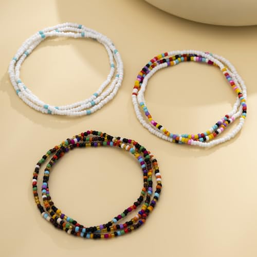 African Waist Beads For Women Colorful 3PCS Layered Belly Body Chain Beach Bikini Waist Jewelry Body Accessories For Women - style: 3 Layered Bead-White mix Black